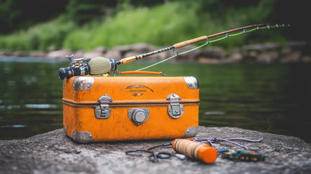 A vintage orange fishing tackle box sits by a serene riverbank, complete with a fishing rod and accessories, perfect for capturing the essence of outdoor adventures.の素材