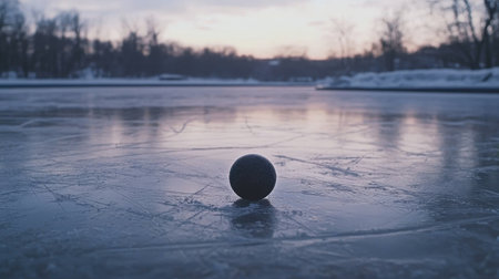 A solitary black hockey puck lies still on a smooth ice surface, surrounded by a tranquil winter landscape at sunset, evoking a sense of calm and solitude.の素材