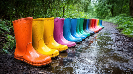 This vibrant image features colorful rubber boots neatly arranged along a muddy forest path, inviting joyful exploration and capturing the essence of playful outdoor adventures.の素材