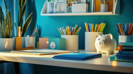 A beautifully arranged workspace featuring a white piggy bank, colorful stationery, and plants that enhance creativity and inspire a productive atmosphere in any home office.の素材
