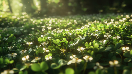 A serene view of a lush green field filled with delicate white flowers basking in gentle sunlight, creating a peaceful atmosphere in a tranquil outdoor forest setting.の素材