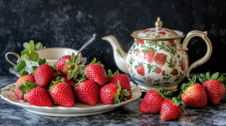 A vibrant display of fresh strawberries arranged on a decorative plate next to a charming teapot and teacup, set on a rustic table background, invoking a cozy culinary atmosphere.の素材