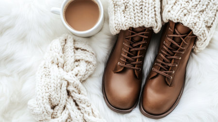 A cozy winter scene featuring stylish brown boots paired with knit socks, a warm cup of coffee, and a soft white blanket, perfect for relaxation and comfort indoors.の素材