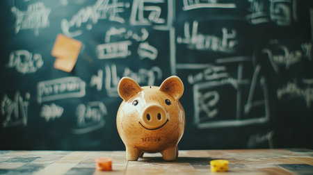 A charming piggy bank sits atop a rustic wooden table against a chalkboard filled with intricate calculations, symbolizing financial education and savings goals.の素材