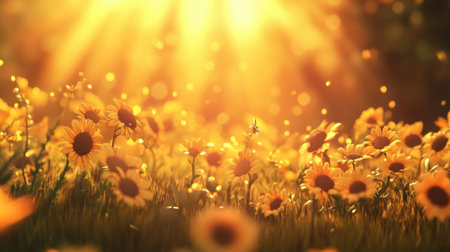 A stunning sunflower field basks in golden sunlight, creating an enchanting atmosphere filled with cheerful vibes and sparkling beauty, perfect for nature lovers.の素材