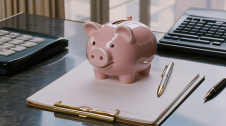 A charming pink piggy bank sits atop a desk, accompanied by a notebook and pen. The setting captures a modern workspace illuminated by natural light, perfect for budgeting.の素材