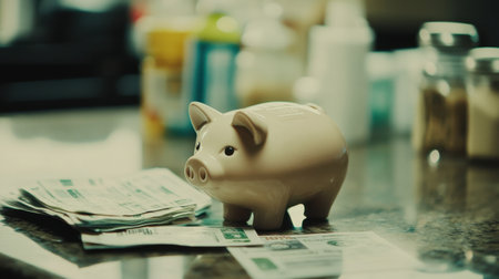A piggy bank rests on a stack of cash and bills, representing themes of savings and financial management in a cozy home environment. Perfect for finance-related content.の素材