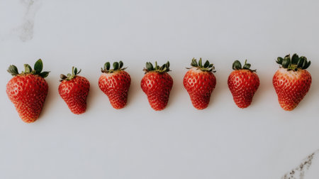 A row of fresh strawberries showcases their vibrant red color and green tops, perfect for food photography, healthy eating inspiration, and culinary art.の素材