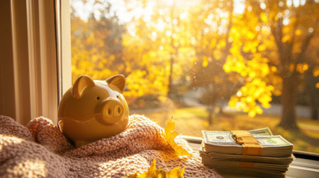 A warm and inviting autumn scene featuring a piggy bank and neatly stacked cash on a window sill, with golden leaves outside, symbolizing savings and financial comfort.の素材