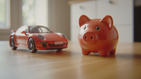 A vibrant scene featuring a miniature red sports car positioned next to a cheerful orange piggy bank on a wooden surface, illustrating the contrast between luxury and savings.の素材