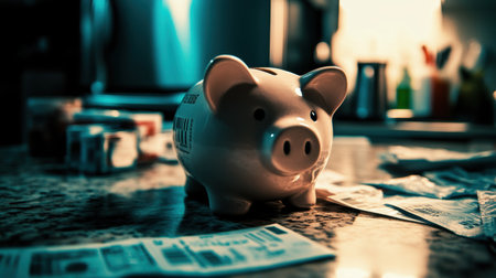 A charming piggy bank sits on a kitchen countertop surrounded by cash and receipts. The soft light creates a cozy atmosphere, emphasizing the importance of savings.の素材