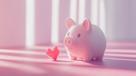 A delightful piggy bank with a heart, symbolizing love and savings. This image captures a serene moment in a soft pastel setting, ideal for finance-related content.の素材