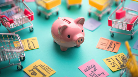 A colorful and engaging flat lay image featuring a pink piggy bank at the center, surrounded by miniature shopping carts and vibrant price tags on a teal background.の素材