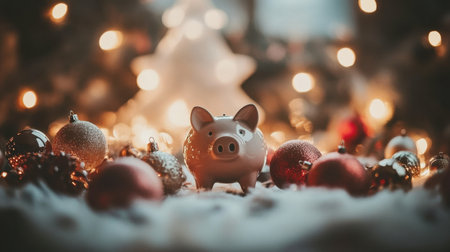 A charming piggy bank sits among vibrant ornaments and soft snowflakes, evoking the spirit of the holiday season and the joy of saving for future dreams.の素材