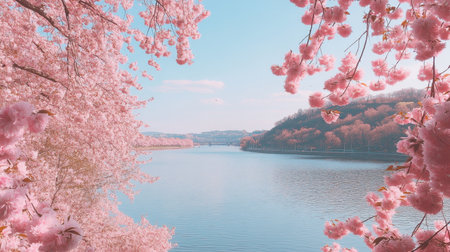 This stunning view captures cherry blossom trees blooming vibrantly along a serene river, framed by lush landscapes under a clear blue sky, embodying springtime beauty.の素材