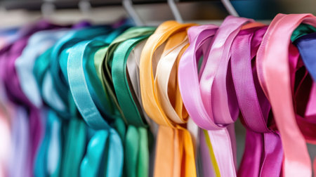 A captivating display of colorful silk ribbons hanging neatly, showcasing an array of vibrant shades and soft textures ideal for various crafting and creative projects.の素材