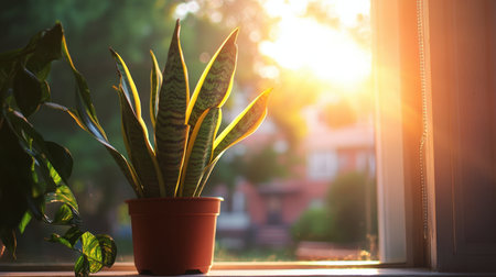 A beautiful snake plant sits in a terracotta pot by the window, bathed in warm sunlight. This serene indoor scene radiates freshness and tranquility, perfect for home decor inspiration.の素材