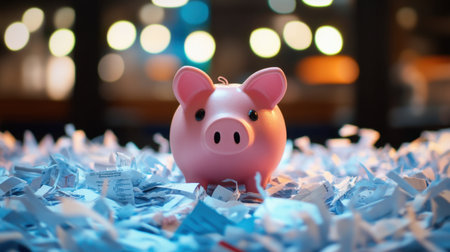 A bright pink piggy bank sits on a bed of shredded paper surrounded by soft, blurred lights, symbolizing savings and financial awareness in a cozy setting.の素材