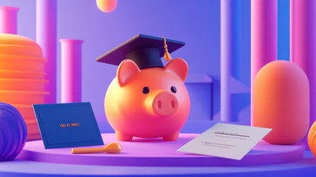 A vibrant 3D illustration of a piggy bank wearing a graduation cap, surrounded by documents and abstract shapes, symbolizing financial education and savings strategies.の素材