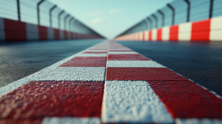 Captivating close-up of a racing track featuring a striking red and white checkered pattern. The clear sky enhances its vibrant appearance, inviting speed and adventure.の素材