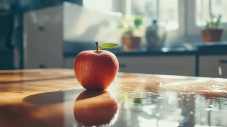 A vibrant red apple sits on a wooden table in a sunlit kitchen, casting reflections and evoking freshness and simplicity in a warm, inviting atmosphere.の素材
