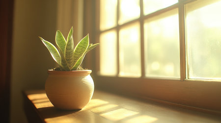 A serene indoor plant sits gracefully on a windowsill, basking in warm sunlight. The natural light accentuates its vibrant leaves, creating a peaceful home atmosphere.の素材