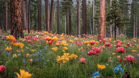A stunning view of a flower meadow blooming with vibrant colors, set against a backdrop of tall trees. This serene scene captures the beauty of nature in springtime.の素材