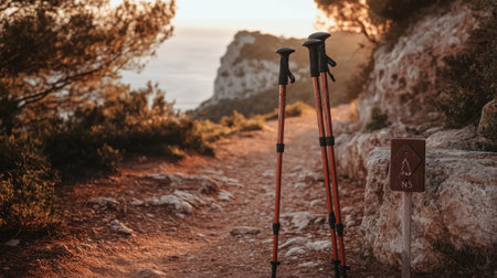 Serene hiking path illuminated by sunset with trekking poles resting nearby. Captivating natural landscape showcasing rocky terrain and trail sign, ideal for outdoor enthusiasts.の素材