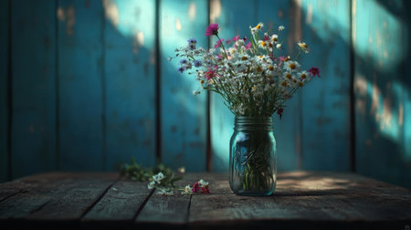 A beautiful vintage glass jar filled with an array of colorful wildflowers stands on a rustic wooden table against a turquoise background, exuding natural beauty and tranquility.の素材