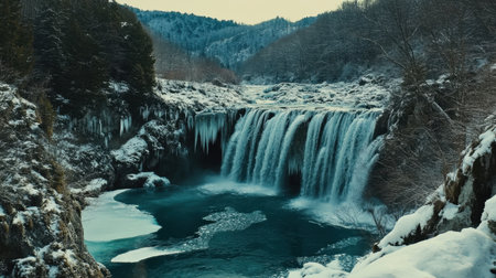 Experience the beauty of a winter waterfall cascading into an icy blue pool, surrounded by snow-covered trees and tranquil nature in a remote landscape.の素材