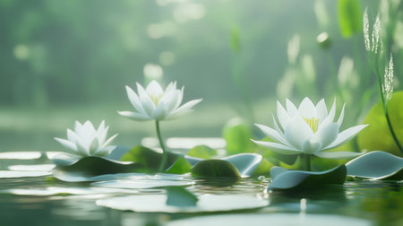 A peaceful scene depicting elegant water lilies blooming on the surface of a tranquil pond, surrounded by lush green foliage. Ideal for nature lovers and meditation spaces.の素材