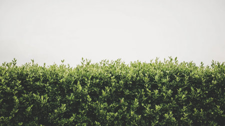 A vibrant close-up of a lush green hedge, showcasing fresh leaves and textured foliage against a soft, neutral background ideal for nature-themed projects.の素材