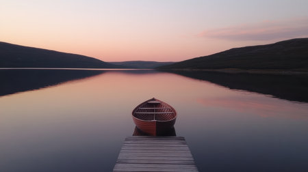 A beautiful sunset casts a warm glow over a tranquil lake, where a wooden rowboat rests on a dock, surrounded by rolling hills and peaceful reflections.の素材