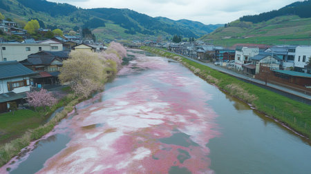 Experience the serene beauty of cherry blossom petals drifting on a river beside charming houses and lush mountains, capturing the essence of spring in nature.の素材