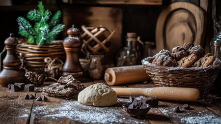 A cozy kitchen scene capturing the essence of baking with chocolate, cookies, and festive touches. Perfect for seasonal inspiration and culinary creativity.の素材