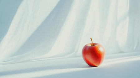 A single red apple sits elegantly on a white drapery background, casting soft shadows. This image captures the essence of freshness and simplicity, ideal for health-focused themes.の素材
