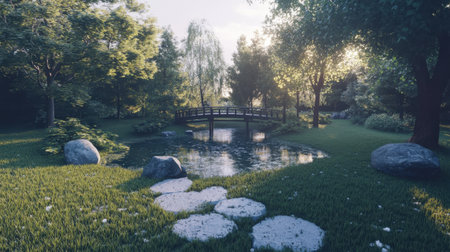 A tranquil scene featuring a serene pond with a wooden bridge, framed by lush greenery and warm sunlight. Perfect for conveying peace and natural beauty in any project.の素材