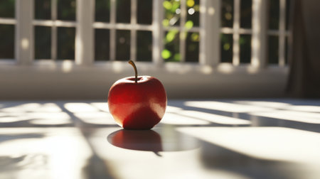 An isolated red apple sits on a table, illuminated by soft natural light streaming through the window, casting gentle shadows and evoking a sense of calm and freshness.の素材