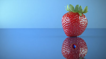 A vibrant fresh red strawberry sits on a glossy surface, beautifully reflecting against a soft blue background. Ideal for culinary and food photography projects.の素材