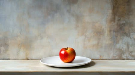 A vibrant red apple rests on a white plate, set against a softly textured background in muted earth tones, perfect for minimalist design and healthy eating themes.の素材
