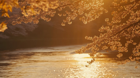 This beautiful image captures a serene evening by the river with cherry blossom trees illuminated by golden sunset light reflecting on the calm water, creating a peaceful atmosphere.の素材