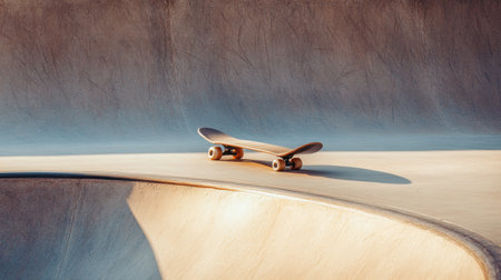 A serene image showcasing a skateboard resting in a skate park bowl at sunset, bathed in soft light. The scene captures a moment of calm before the thrill of skating begins.の素材