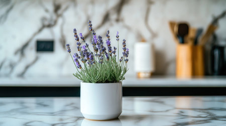 A fresh lavender plant in a modern white pot sits elegantly on a marble kitchen countertop, creating a serene atmosphere with its vibrant color and calming presence.の素材