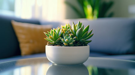 A stunning view of vibrant green succulent plants in a sleek white ceramic pot creates a serene ambiance in a modern living room with soft natural light.の素材