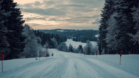 This tranquil winter scene captures a snow-covered roadway winding through a serene forest, with majestic mountains softly silhouetted against a cloudy sky.の素材