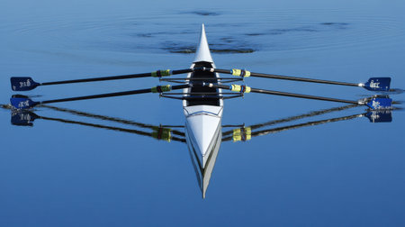 A serene single rowing shell floats on calm waters, creating a beautiful reflection under a bright blue sky, capturing the essence of tranquility and athletic dedication.の素材