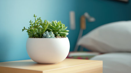 A beautiful arrangement of succulent plants in a sleek white pot enhances the cozy bedroom ambiance, featuring a vibrant blue wall and soft bedding for a tranquil atmosphere.の素材
