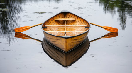 A beautiful wooden rowing boat rests on still waters, reflecting the surrounding nature. The serene setting invites tranquility and relaxation for all.の素材