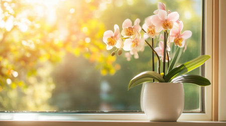 A stunning display of blooming orchids in a white pot beside a sunlit window, creating a vibrant atmosphere filled with warmth and tranquility, perfect for home decor.の素材