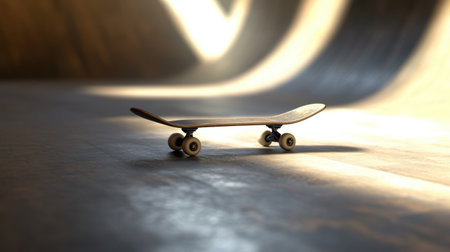 A skateboard rests on a smooth ramp surface, illuminated by natural light, showcasing an interesting play of shadows apt for skate culture enthusiasts and photographers.の素材